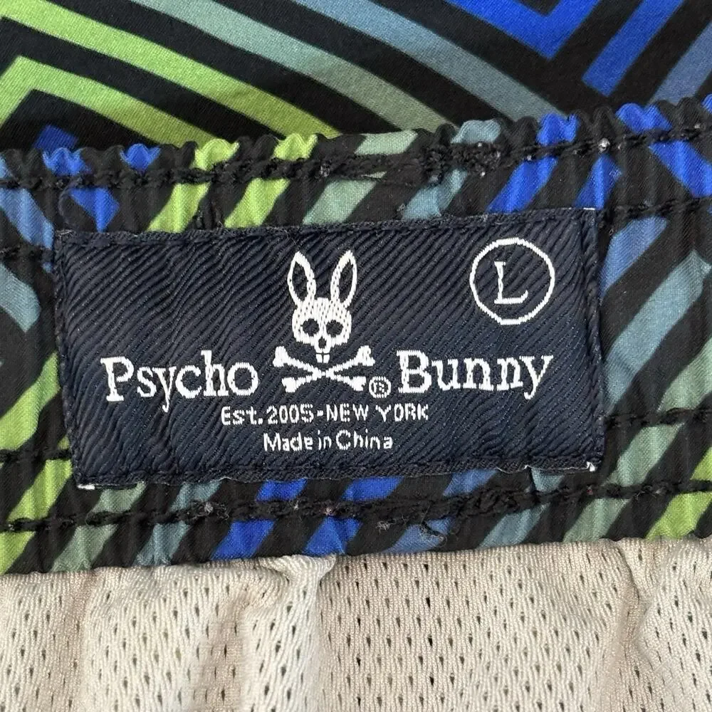 Psycho Bunny Swim Trunks Large Blue Green Adrian Chevron Logo Board Shorts Beach